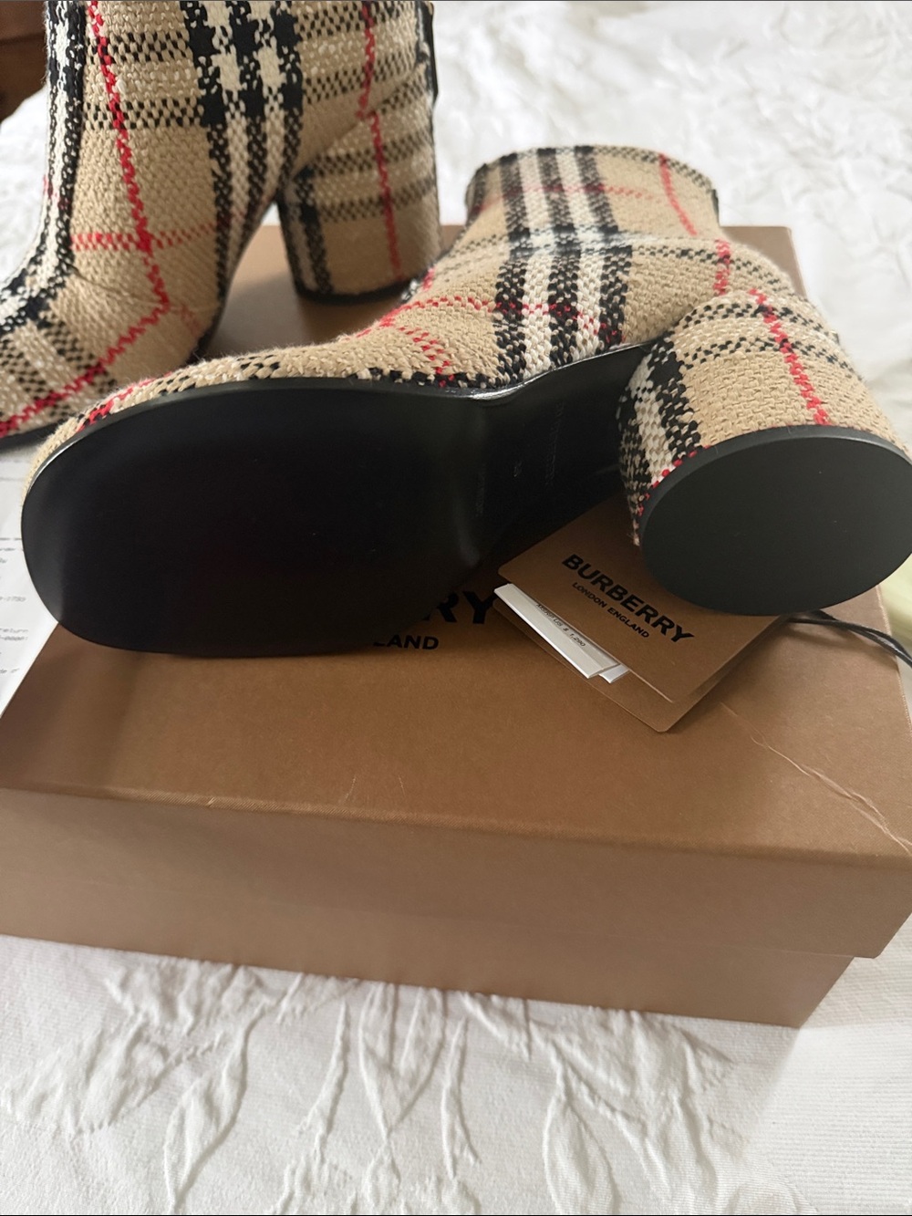 Burberry Beige Black and Red Check Knit Ankle Boots - Picture 4 of 7